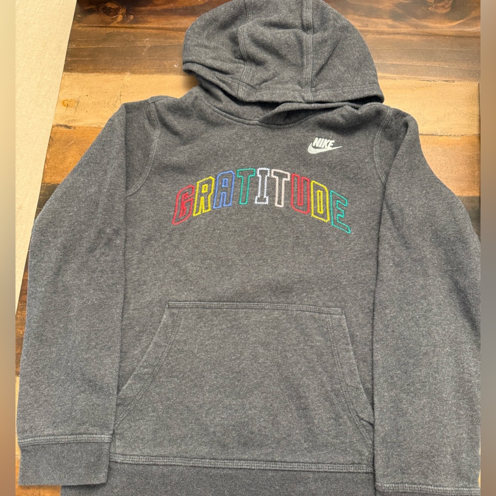 Nike Gray Hoodie with Multicolor Gratitude Design